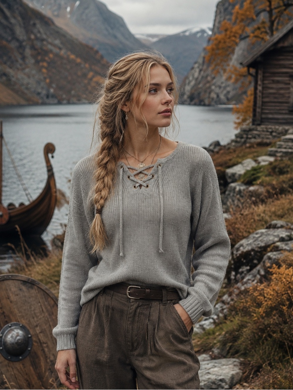 Old Navy Gray Lace-Up Knit Sweater Boho Western Nordic Fall Cozy Cottagecore